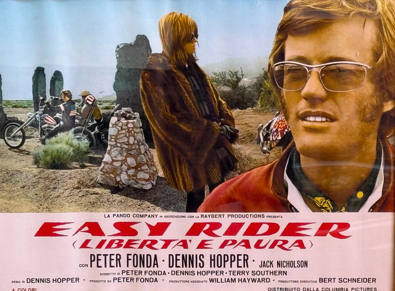 EASY RIDER Italian Fotobusta Movie Poster: Measures in frame: 19.5" H x 25.5" W. Starring Peter Fonda, Jack Nicholson and Dennis Hopper.