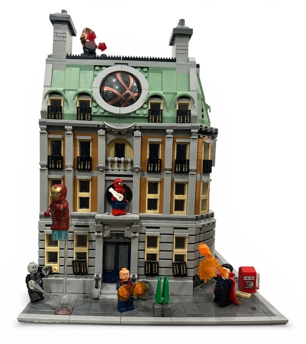 MARVEL LEGO Sanctum Sanctorum Set: LEGO set number 76218. Contains Minifigures Doctor Strange, Wong, Iron Man, Spider-Man, Scarlet Witch, and Ebony Maw. Does not contain instruction manual or box. Measures 13.25" H x 10" W x 10" D.