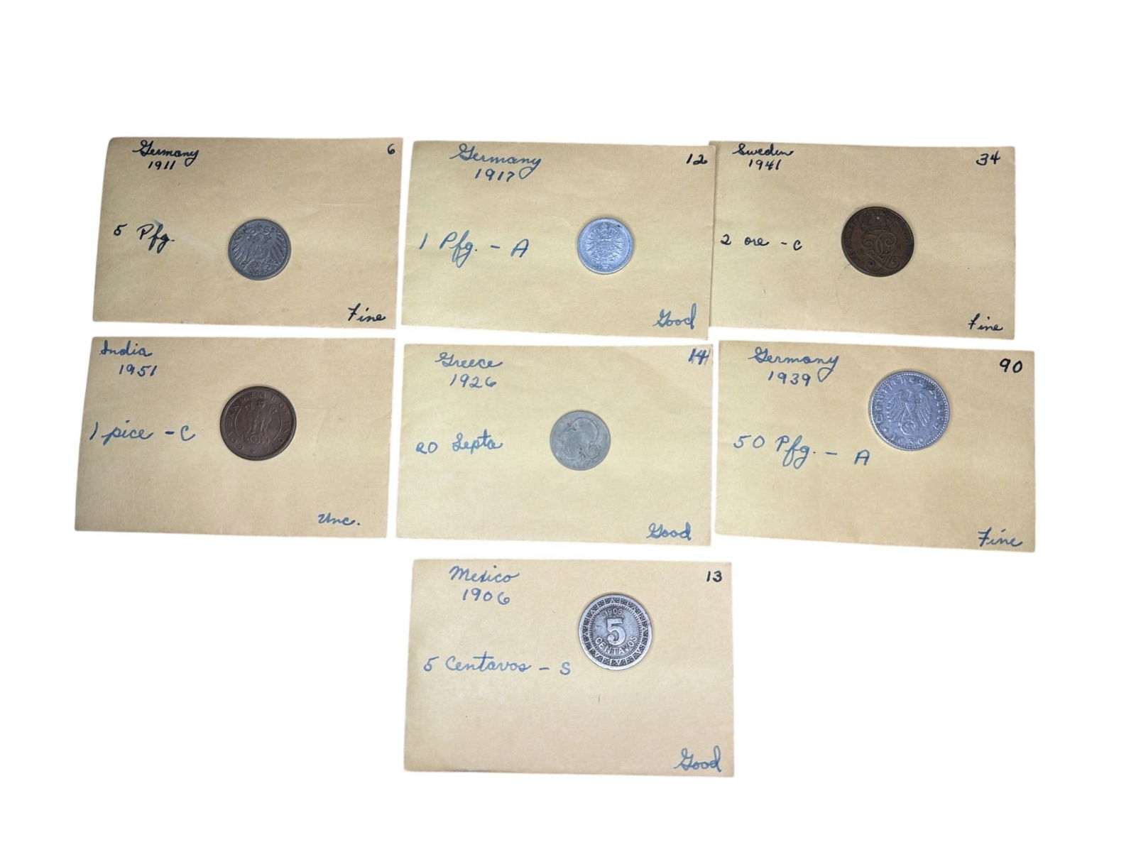 Collection International World Coins: Includes 1926 Greece 20 lepta coin, 1951 India 1 Pice coin, 1941 Sweden 2 ore coin,1917 German Empire 1 Pfennig coin, 1911 Germany 4 Pfennig coin, 1939 Germany 50 Reichspfennig aluminum coin, 1906