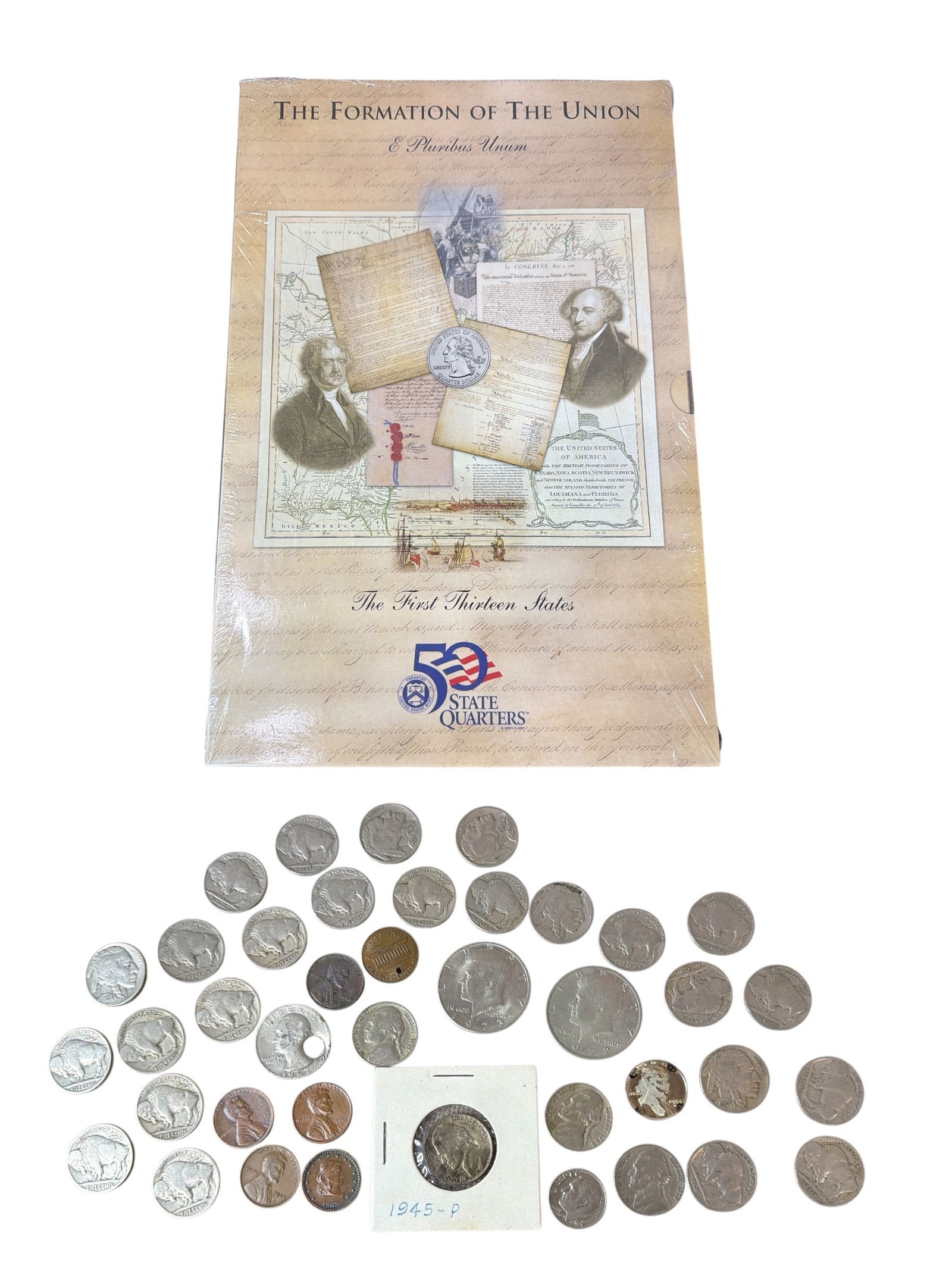 Collection of Early United States Coins: Includes 1971 D dime Roosevelt error coin, 1961 D nickel, buffalo nickels, half dollars,1954 silver penny, and more. Also includes a "The Formation of The Union" collectible book.