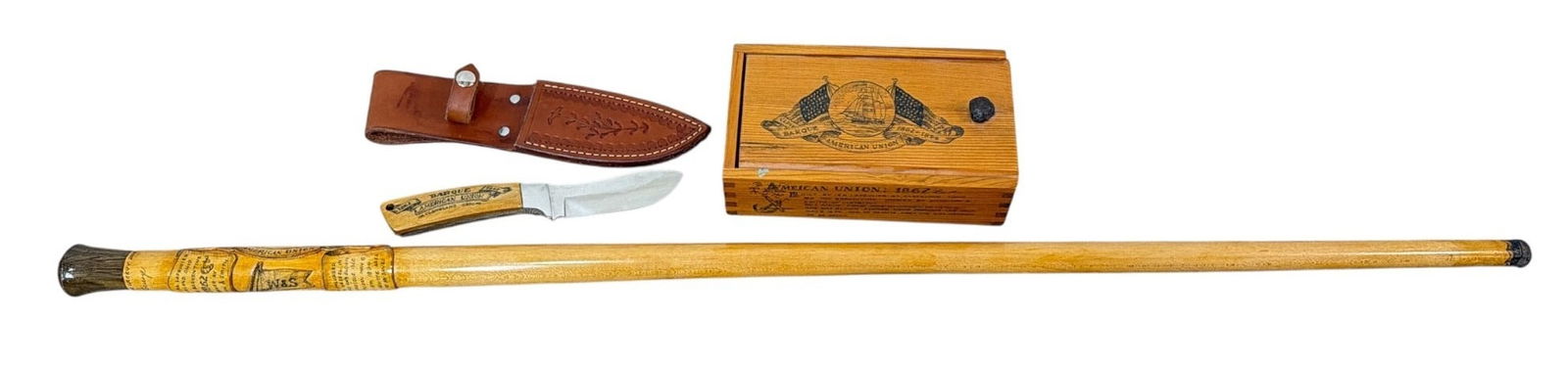 Collection of Barque American Union Shipwreck Articles: Cane measures 35.75" L x 1.25" diameter at knob. Box measures 2" H x 7.5" W x 4.5" D. Knife measures 7.5" L x 1" W at handle.
