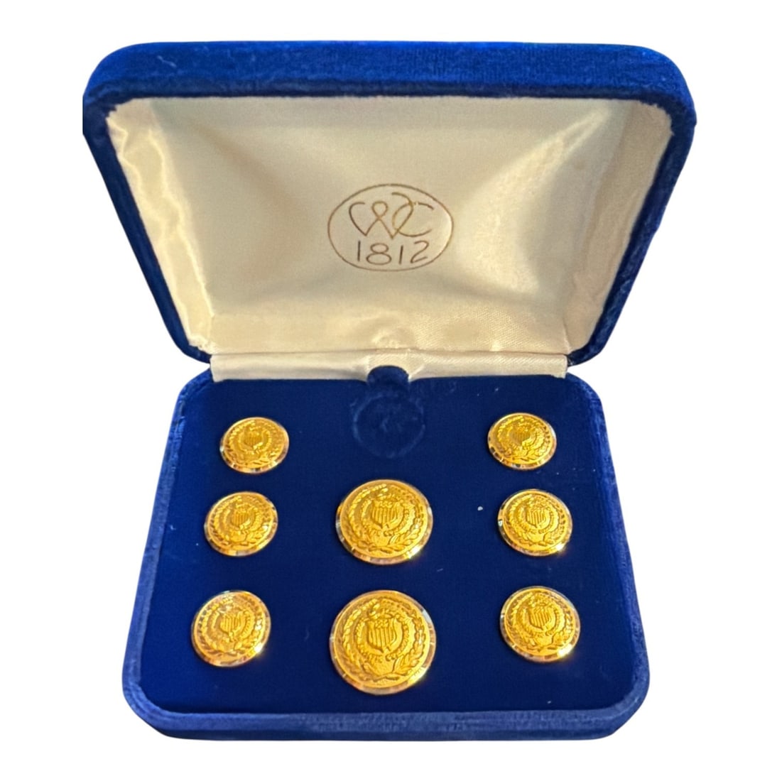 WATERBURY COMPANY 1812 Buttons for United States Olympic Committee: Larger buttons measure 1.75" diameter, smaller buttons measure 1.5" diameter. Box measures 1.5" H x 4" W x 3.5" D.