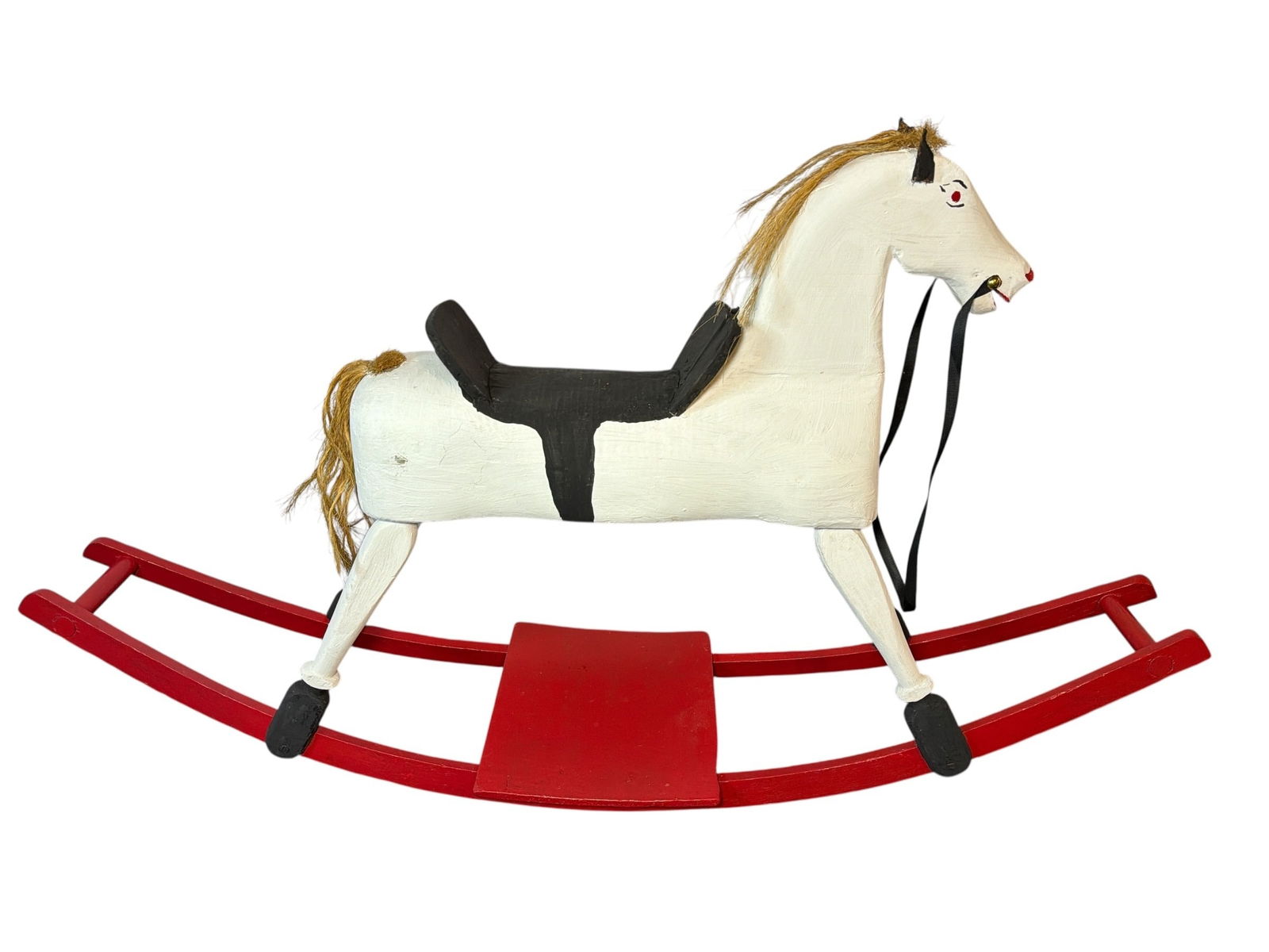 Vintage Folk Art Carved Wood Rocking Horse: 26" H x 10.5" W x 45" D.