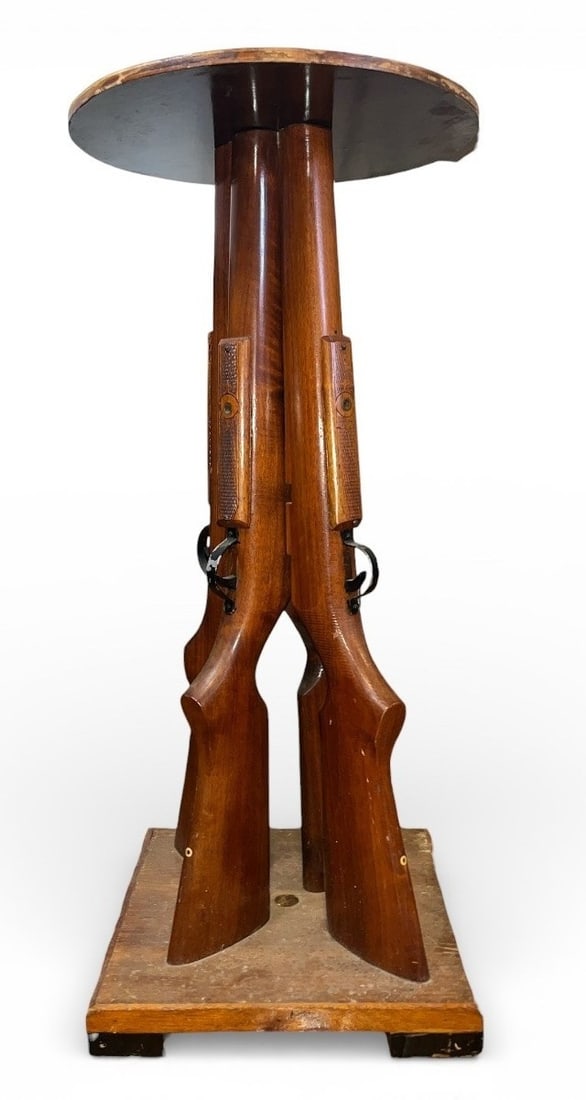 A Folk Art Shotgun Table Base: 30.75" H x 13 x 13" base, top is 14" Dia, needs a glass top.