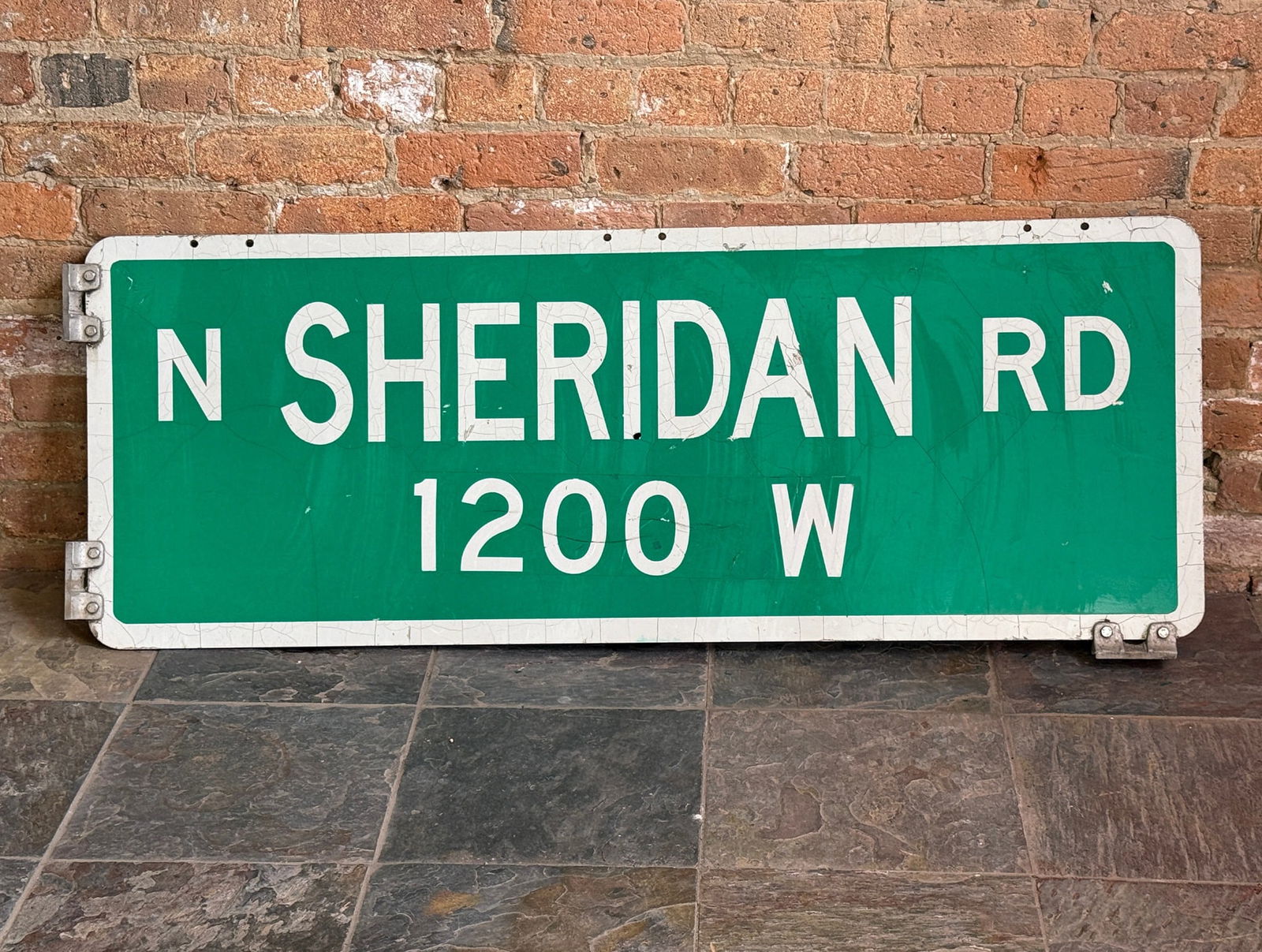 4' Original Double Sided Chicago Street Sign, SHERIDAN RD: Measures 18" H x 48" W, metal brackets add additional 1.5" to sides.