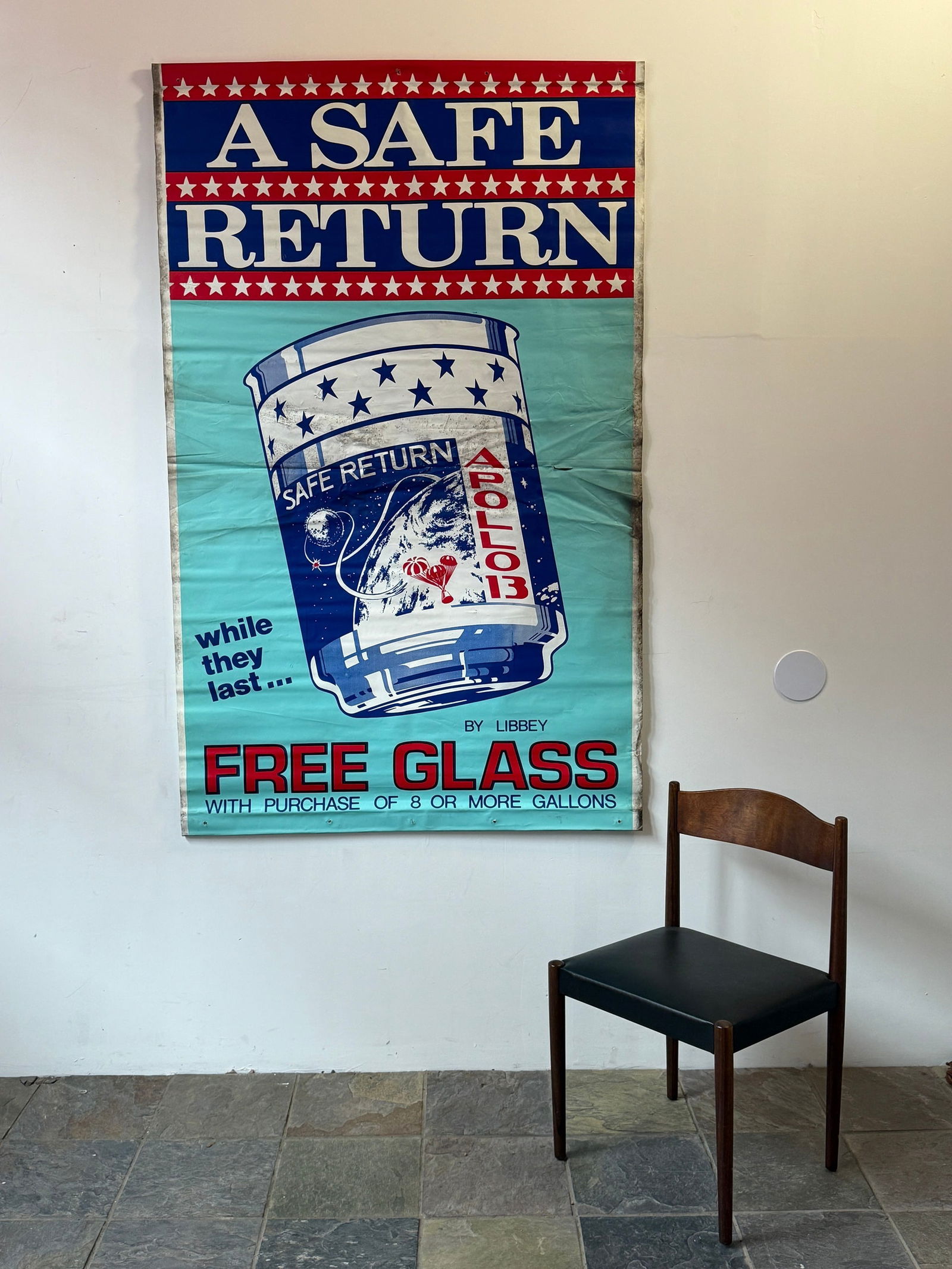 Vintage APOLLO 13 Petrolina Advertising Poster: For LIBBEY Glass Rhino-Film. 71" H x 44" W. From a multi-generational, family-owned service station in Chicago.