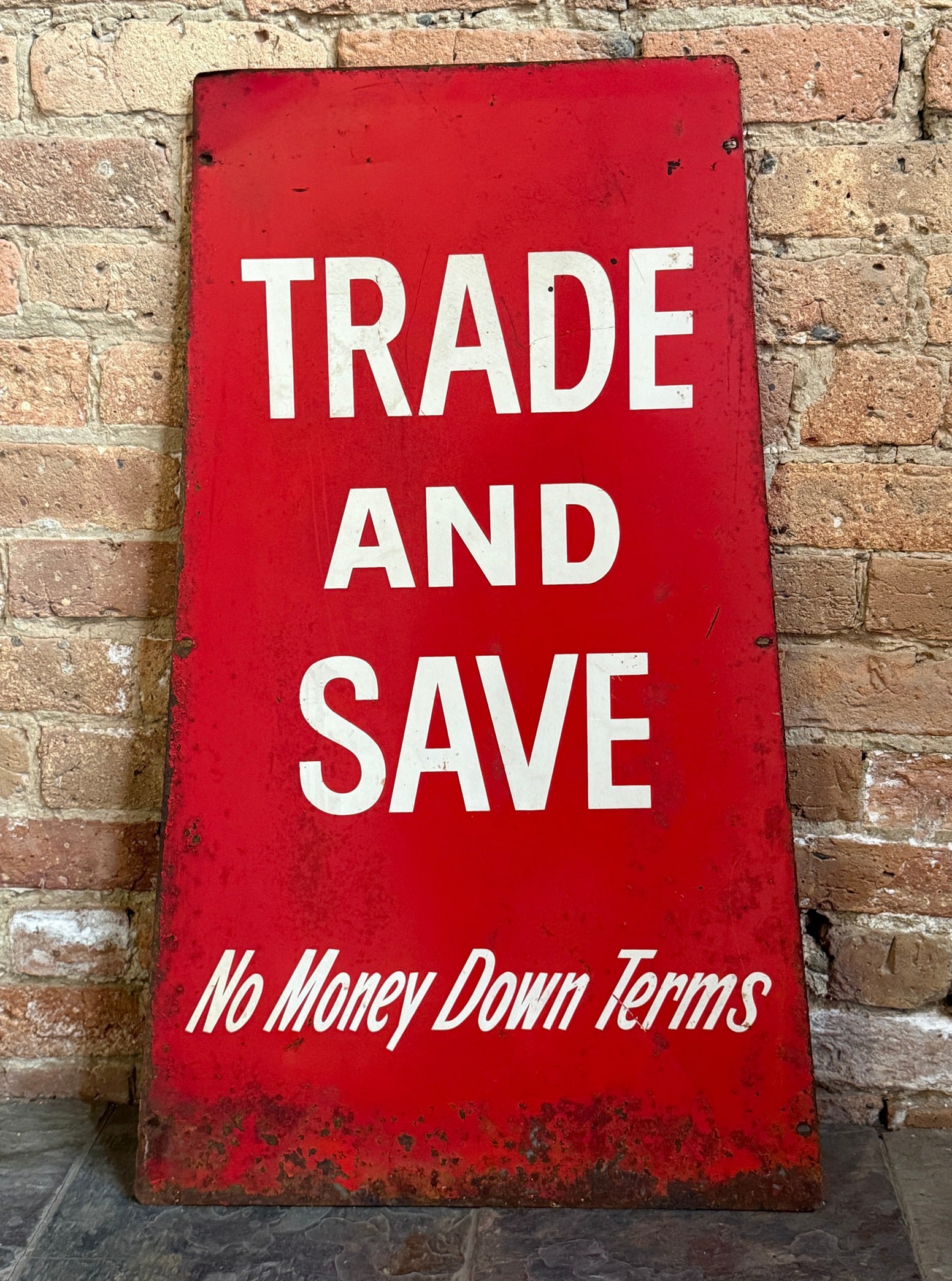 Vintage "Trade and Save" Advertising Sign: Thick gauge steel. 32" H x 19.5" W at bottom. From a multi-generational, family-owned service station in Chicago.