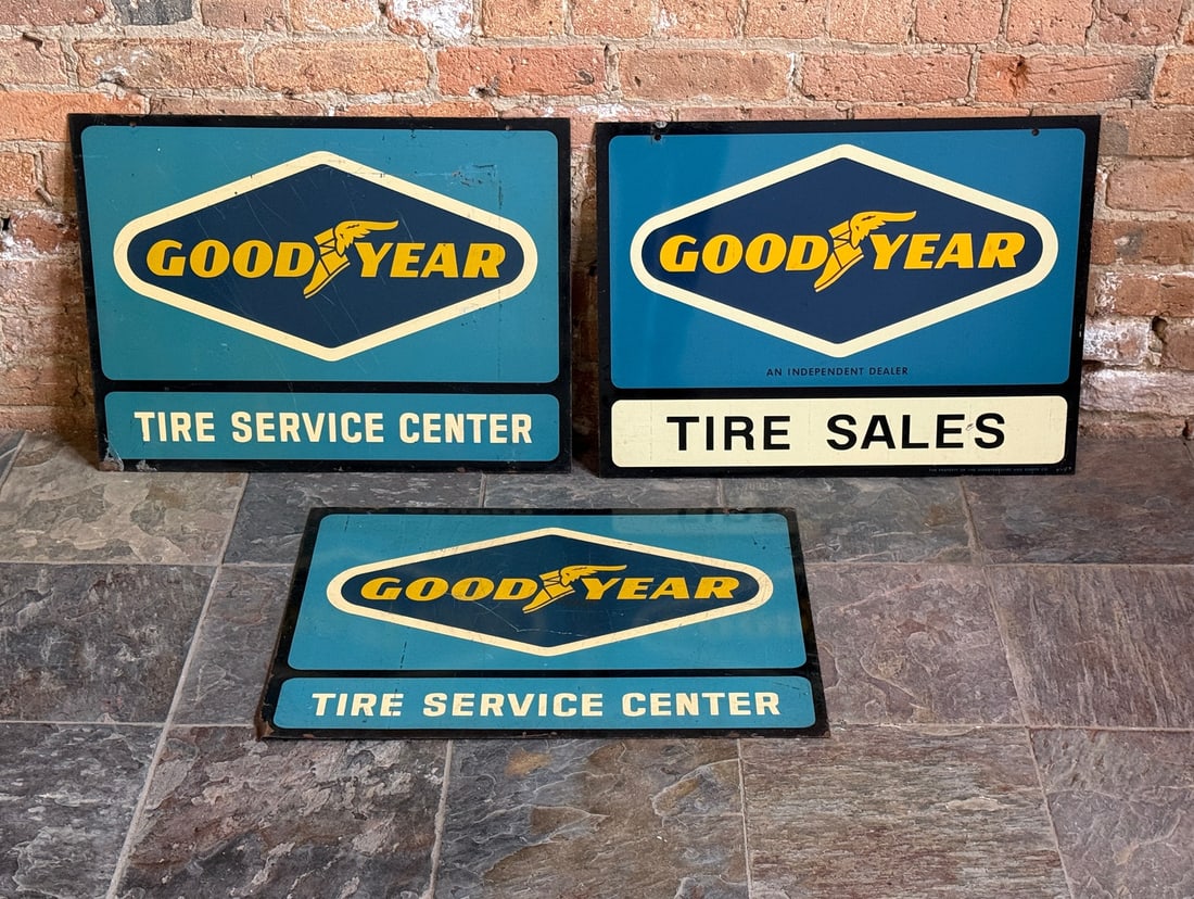 Vintage GOODYEAR Tire Advertising Signs, Double-sided (3): Thick gauge steel. 24" H x 18" W, each. From a multi-generational, family-owned service station in Chicago.