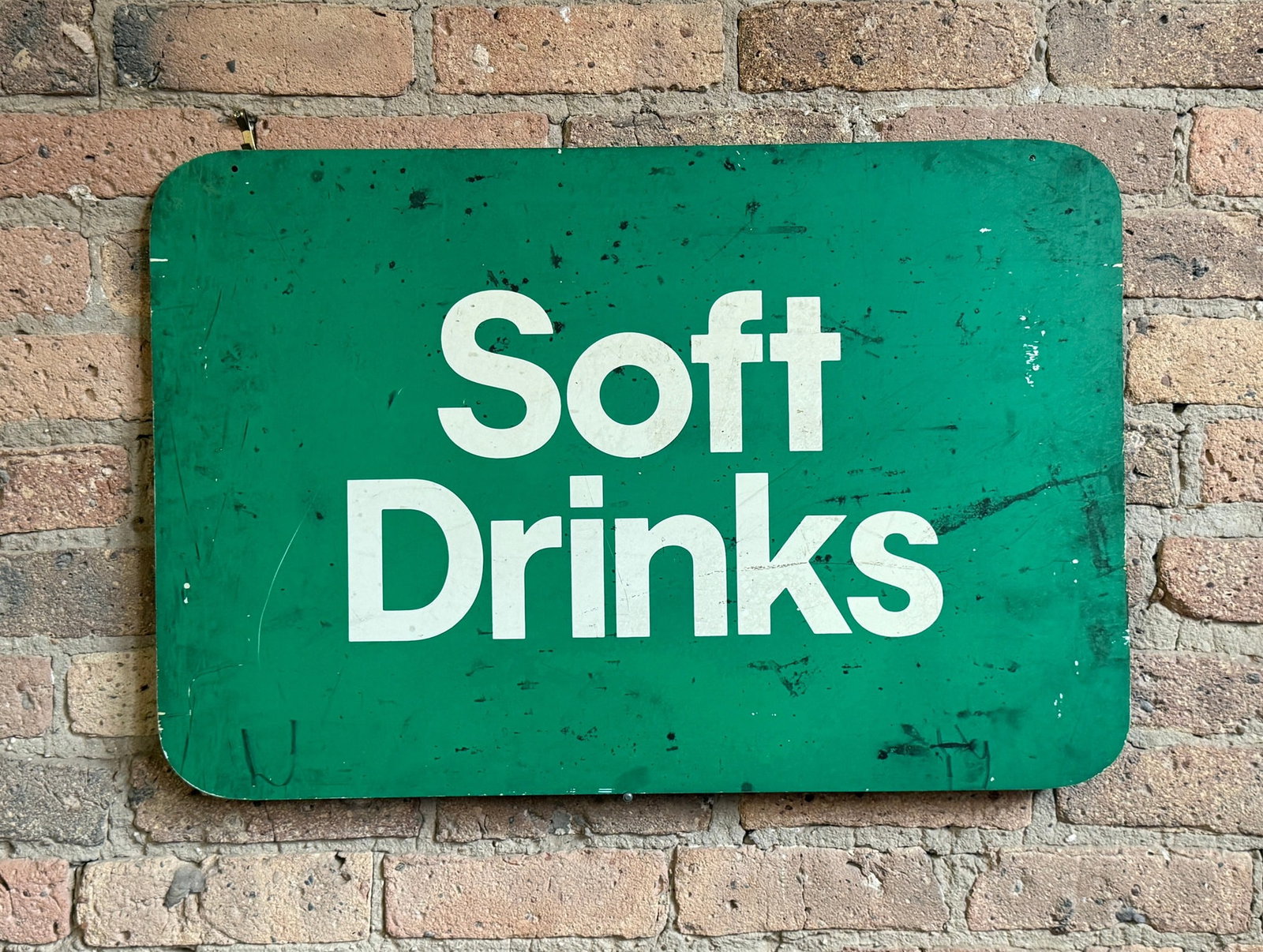 Vintage "Soft Drinks" Beverage Advertising Sign: Wood. 18" H x 27" W. From a multi-generational, family-owned service station in Chicago.