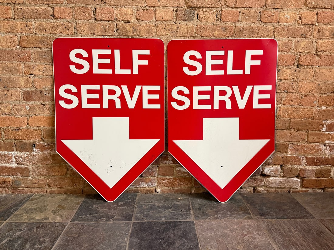 Vintage "Self Serve" Gas Station Advertising Signs (2): Thinner gauge steel. 36" H x 24" W, each. From a multi-generational, family-owned service station in Chicago.