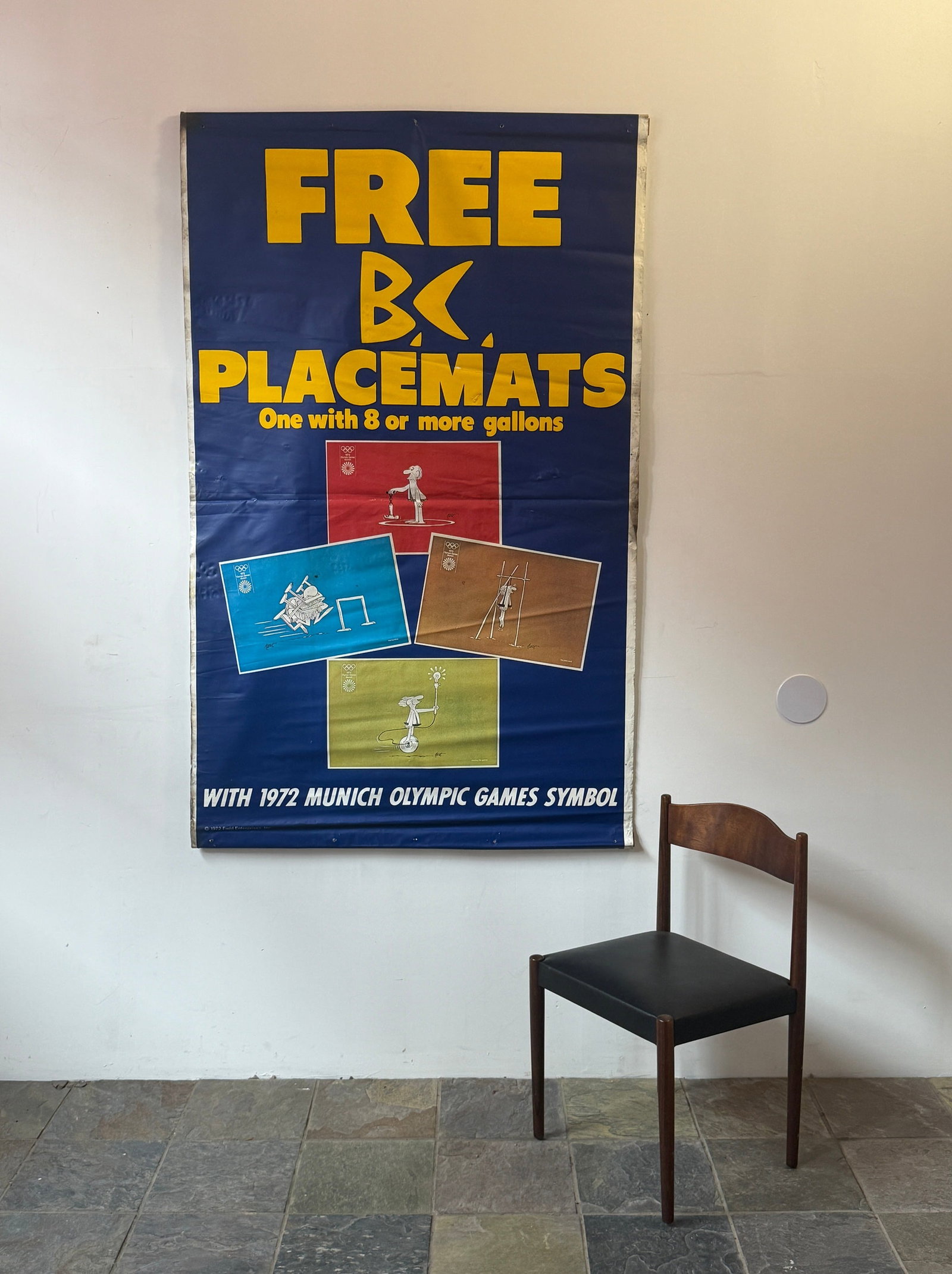 Vintage JOHNNY HART "B.C." Comics 1972 MUNICH OLYMPIC GAMES Promotional Advertising Poster: Rhino-Film 70.5" H x 44" W. From a multi-generational, family-owned service station in Chicago.