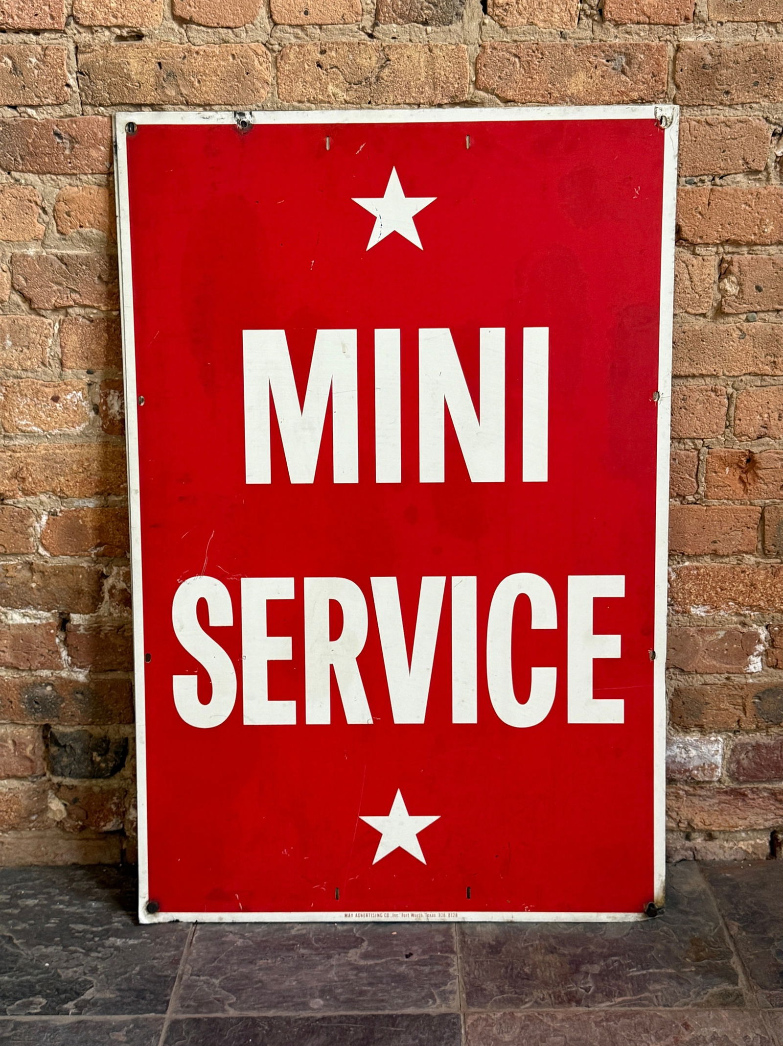 Vintage "Mini Service" Gas Station Advertising Sign (2): Thick gauge steel. Two signs joined together to be double-sides. 36" H x 24" W. From a multi-generational, family-owned service station in Chicago.