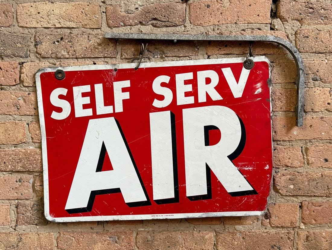 Vintage "Self Serve Air" Gas Station Advertising Sign: Thinner gauge steel. Sign measures 16" H x 23" W. From a multi-generational, family-owned service station in Chicago.