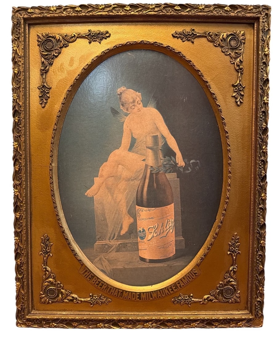 Vintage SCHLITZ Beer Fairy Advertising Sign: Measures 28.5" H x 22.25" W x 1" D in frame.