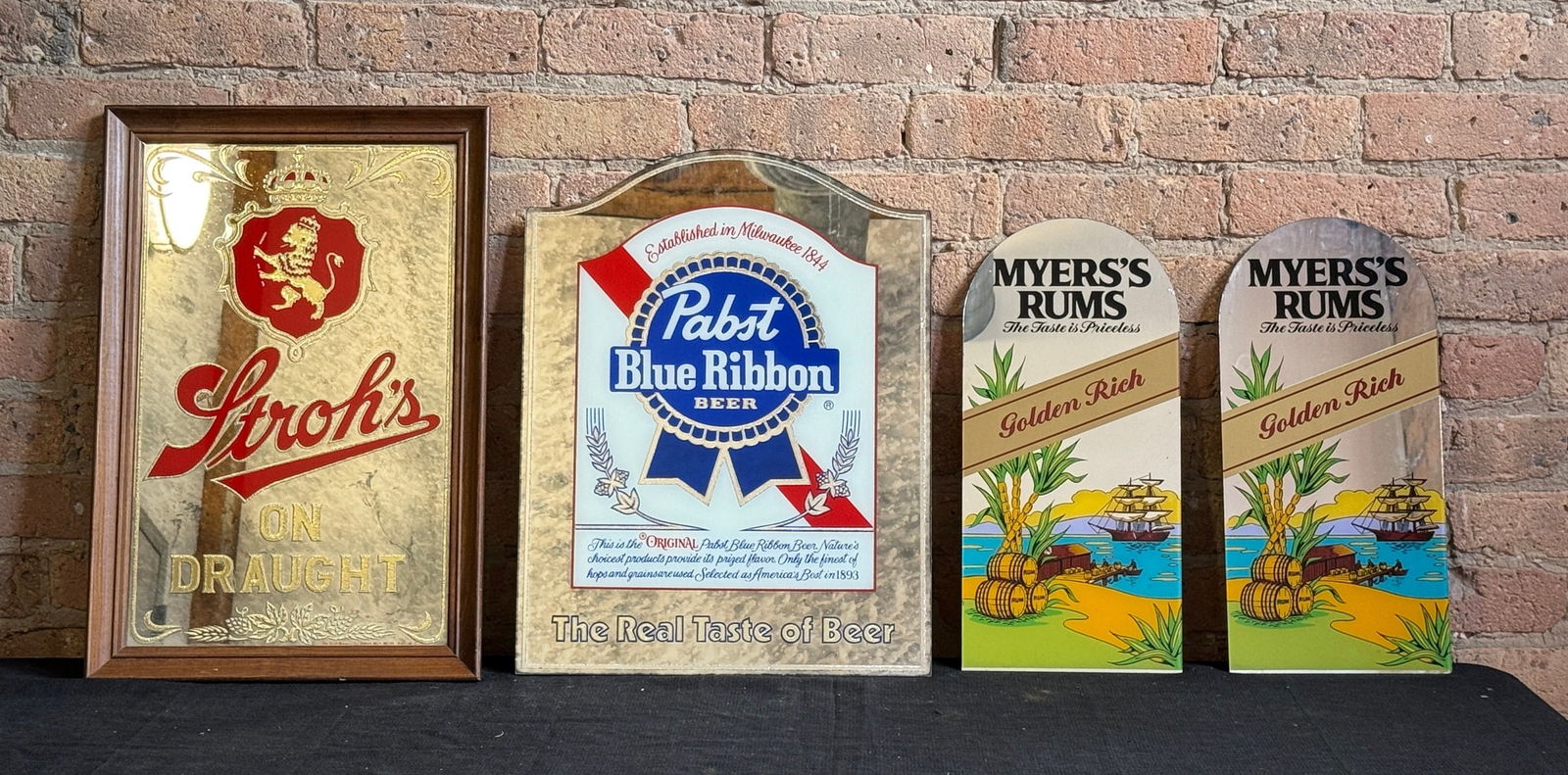 4 Bar Advertising Mirrors, STROH'S, PABST BLUE RIBBON, MYERS'S RUM: Stroh's mirror measures 21" H x 14" W. Was used in a Chicago bar for over 40 years.