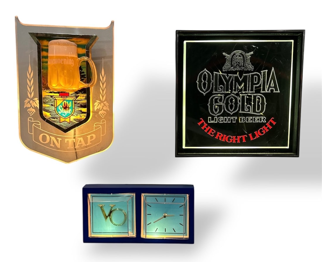 Advertising Beer Sign Lot OLD STYLE, OLYMPIA GOLD, SEAGRAMS VO: OLD STYLE sign measures 18" H x 11.5" W x 6" D, OLYMPIA measures 15" H x 15" W x 3.5" D. Was used in a Chicago bar for over 40 years.