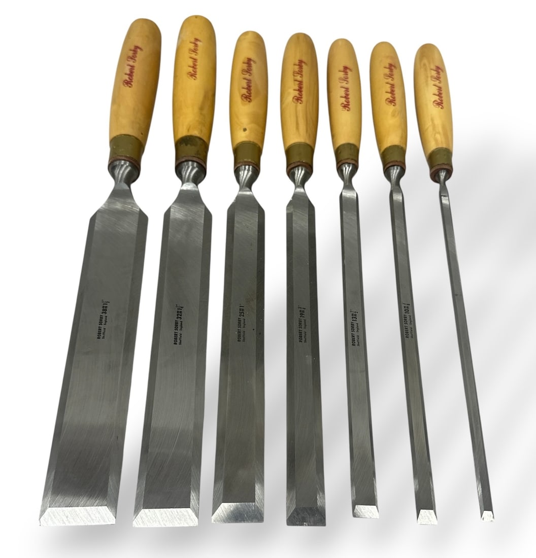 ROBERT SORBY Wood Chisel Set of 7: Longest measures just under 16" including handle. All signed on blade and handle. Includes a hide pouch.