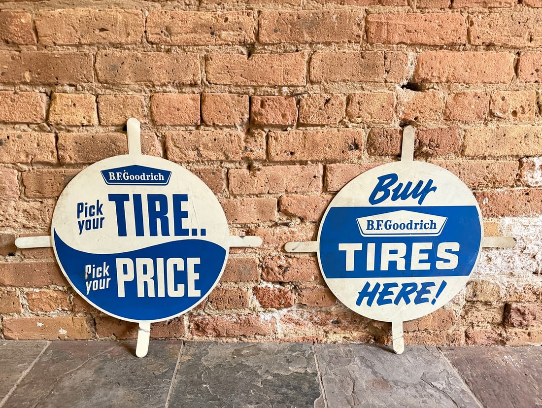 Two Vintage B.F.GOODRICH Tire Advertising Signs: Both measure approx. 21" overall diameter. From a multi-generational, family-owned service station in Chicago.