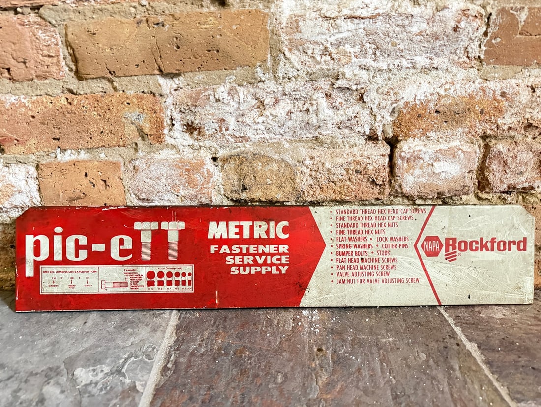 NAPA Rockford Metric Fastener Service Supply Advertising Header Display Sign: 4.75" H x 23.5" W. From a multi-generational, family-owned service station in Chicago.
