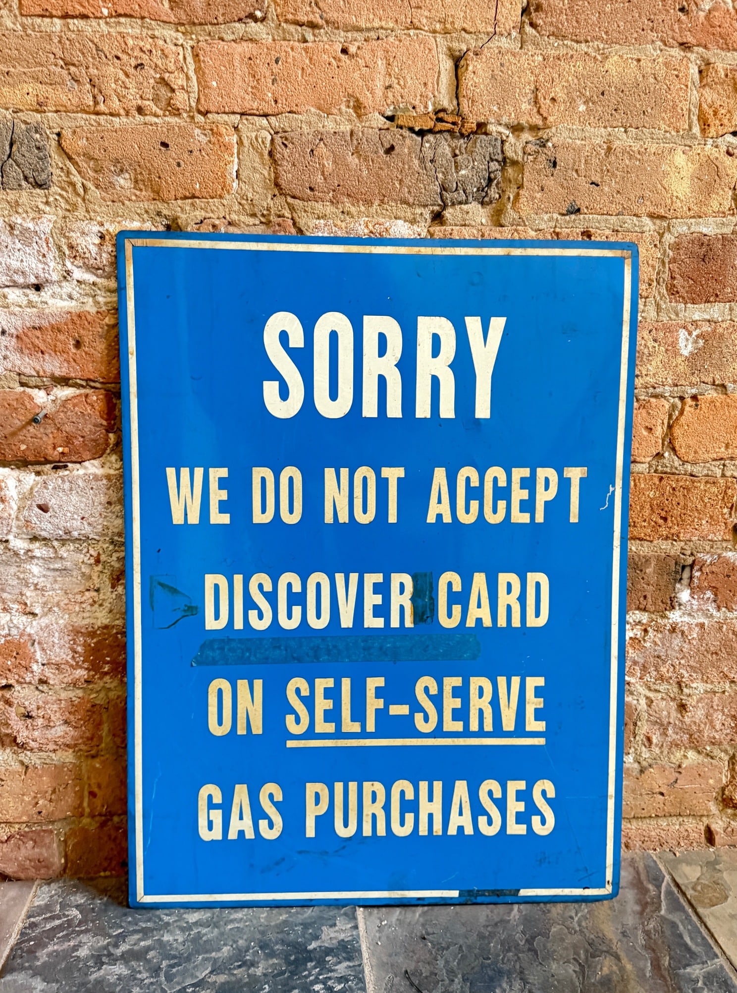 "We Do Not Accept Discover Cards" Gas Station Advertising Sign: 24" H x 18" W. From a multi-generational, family-owned service station in Chicago.