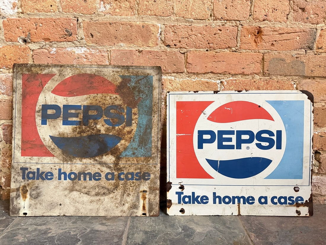 Two Vintage PEPSI Advertising Signs: Larger one is double sided and measures 16.75" H x 16.5" W. From a multi-generational, family-owned service station in Chicago.