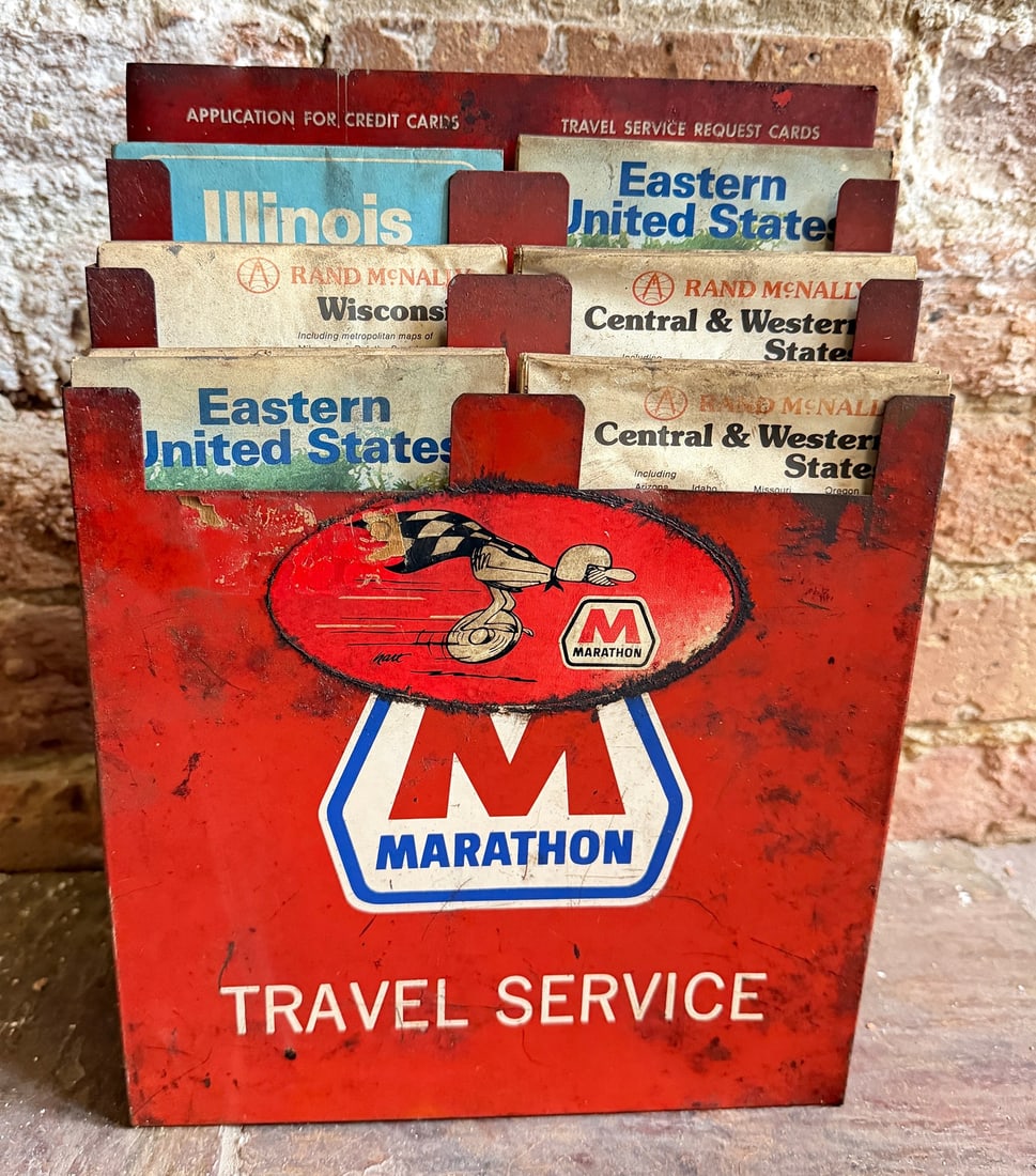 Vintage MARATHON OIL CO. Travel Service Rack Advertising Display: Includes vintage maps. 12" H x 8.75" W x 3.5" D. From a multi-generational, family-owned service station in Chicago.