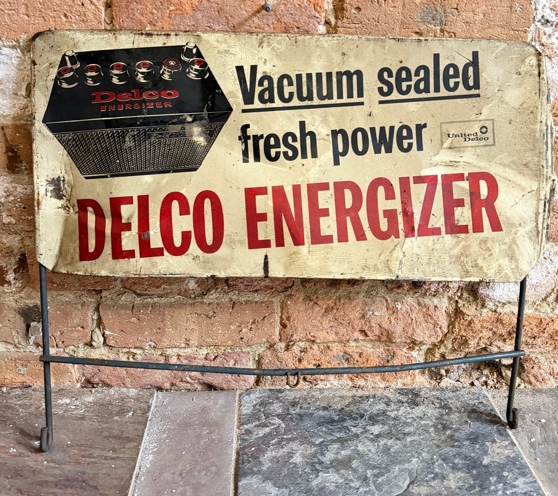 Vintage DELCO Energizer Battery Rack Advertising Sign: 17" H x 21" W. From a multi-generational, family-owned service station in Chicago.