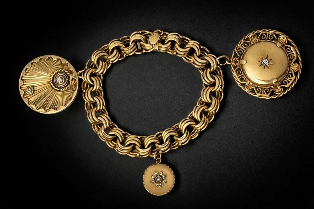 A 14k Gold, Diamond, & Pearl Victorian Charm Bracelet: Measures 7.75" total length, weighs 2.14ozt including all stones. The diamonds measure approx. 3mm dia, 2.5mm dia, and 1.5mm dia, respectively.