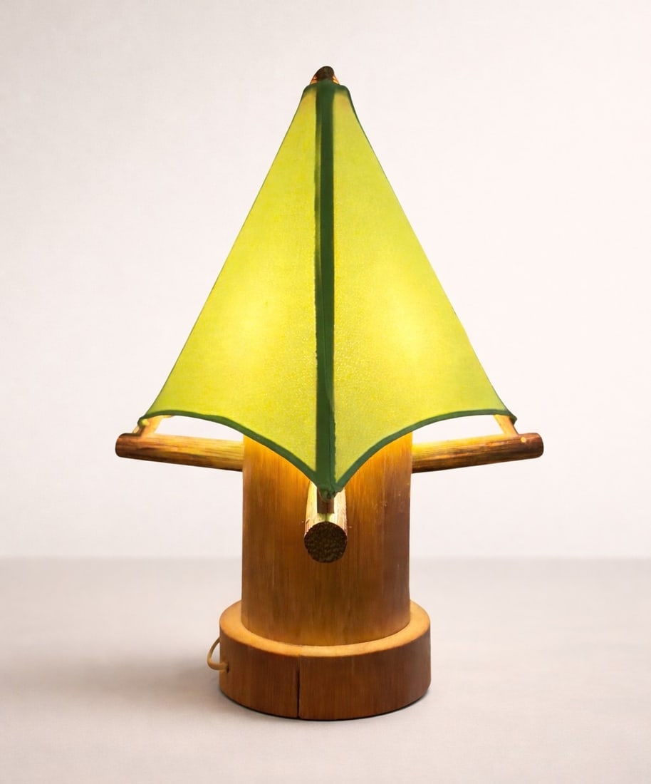 Organic Bamboo Tent Table Lamp: Measures 17" H x 12" W x 5.5" diameter at the base.