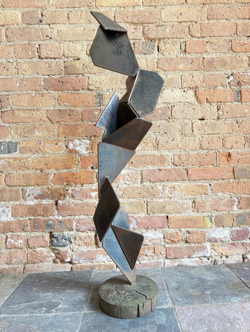 Substantial Brutalist Iron Sculpture: In the manner of Georgios Zongolopoulos and Pierre Papaloizos. Measures 42" H x 8.5" diameter at base.