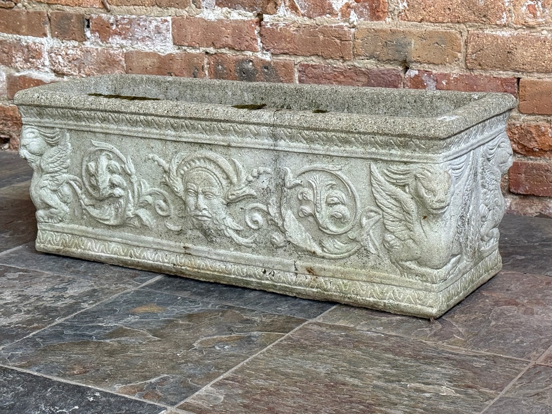 Early 20th C. Gargoyle Motif Stone Planter: 11" H x 29" W x 10" D. Victorian Oddity.