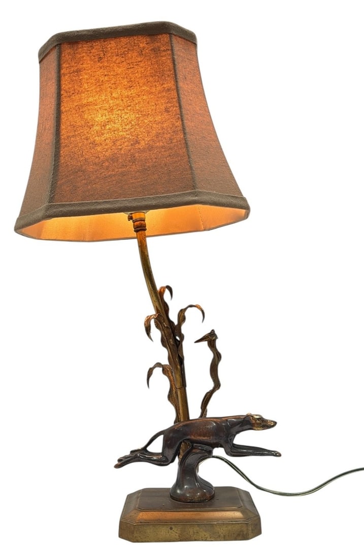 Art Deco Greyhound Statue Table Lamp: Measures 18.5" H to shade x 6.5" W x 9" D. Dated 1948 on greyhound.