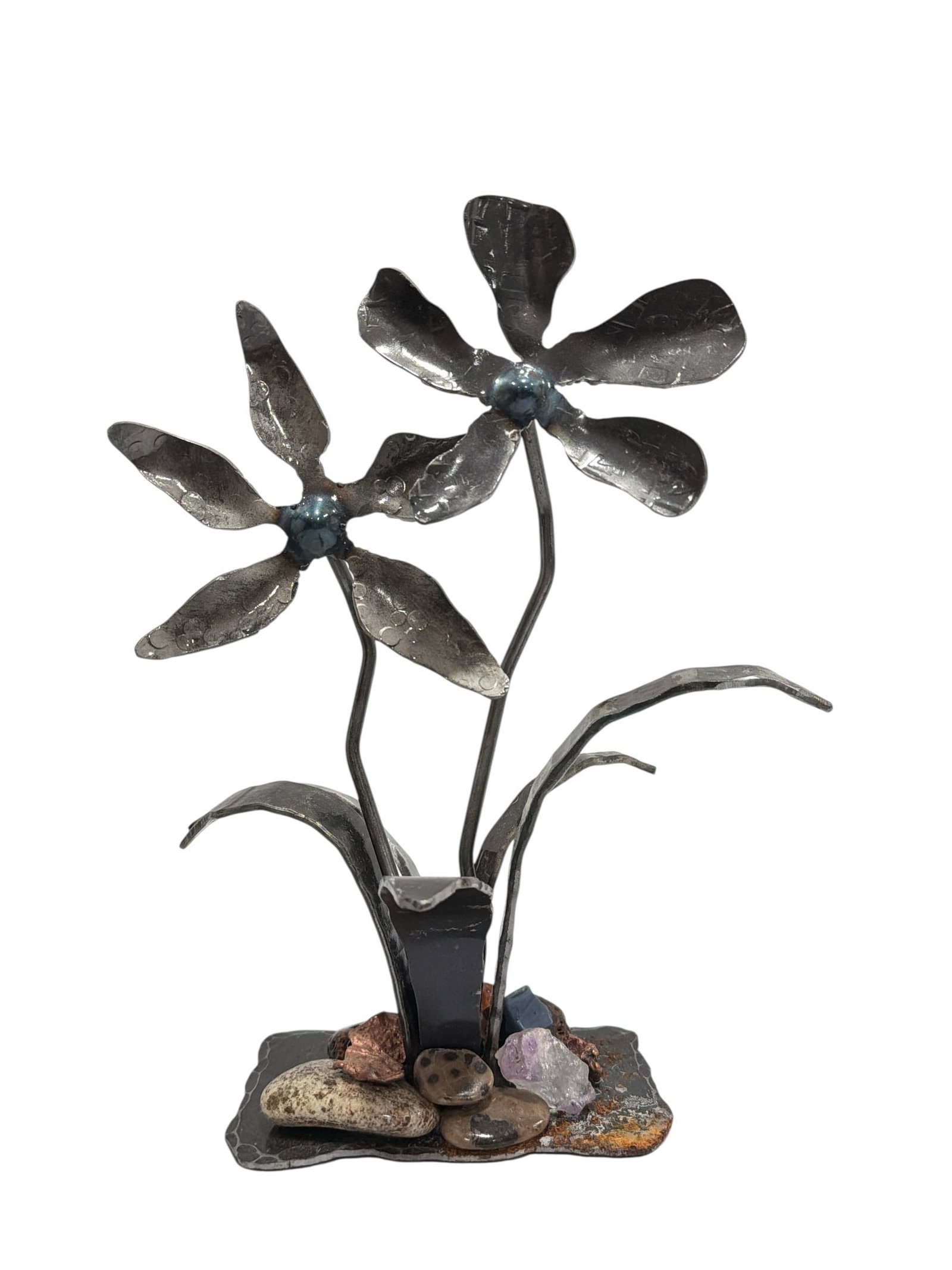 Metalwork and Amethyst Flower Sculpture: Measures 10.5" H x 8" W x 4" D.