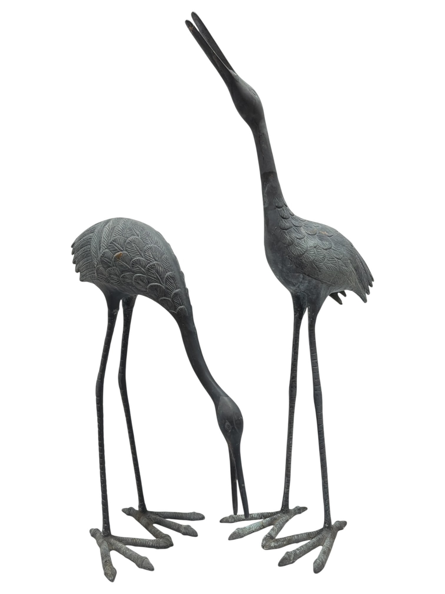 Two Vintage French Crane/Heron Garden Statues: One with head down measures 22" H x 9" W x 14" D. Taller one measures 33.5" H x 9" W x 16" D.