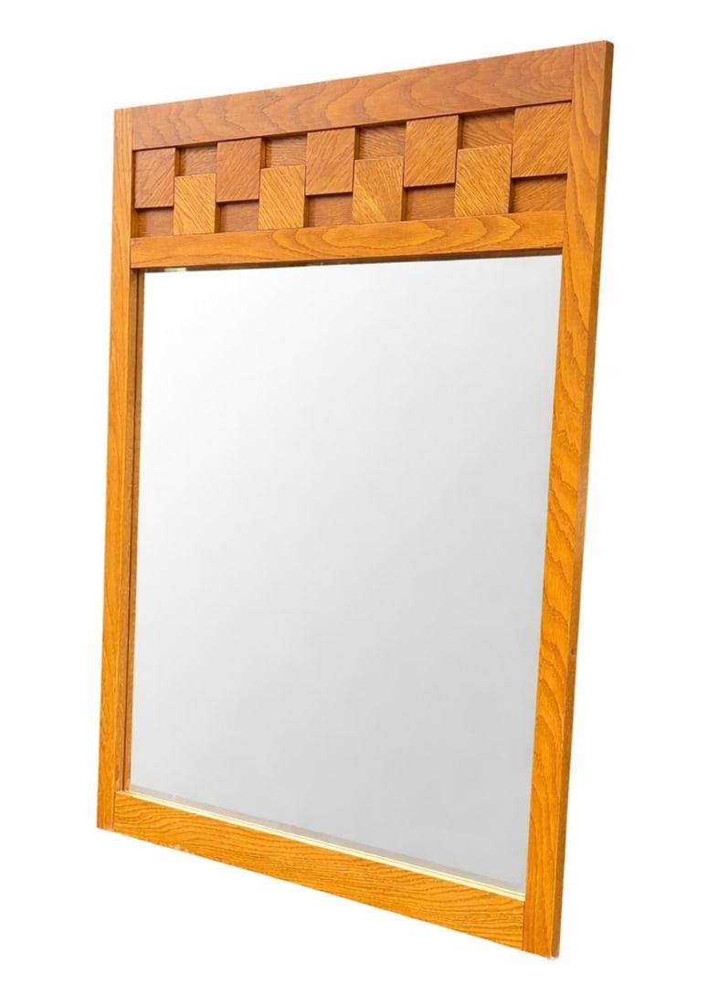 LANE Mid Century Brutalist Mirror: Lane Staccato, Lane Alta Vista. Oak. 50.5" H x 39.5" W x 1.25" D.