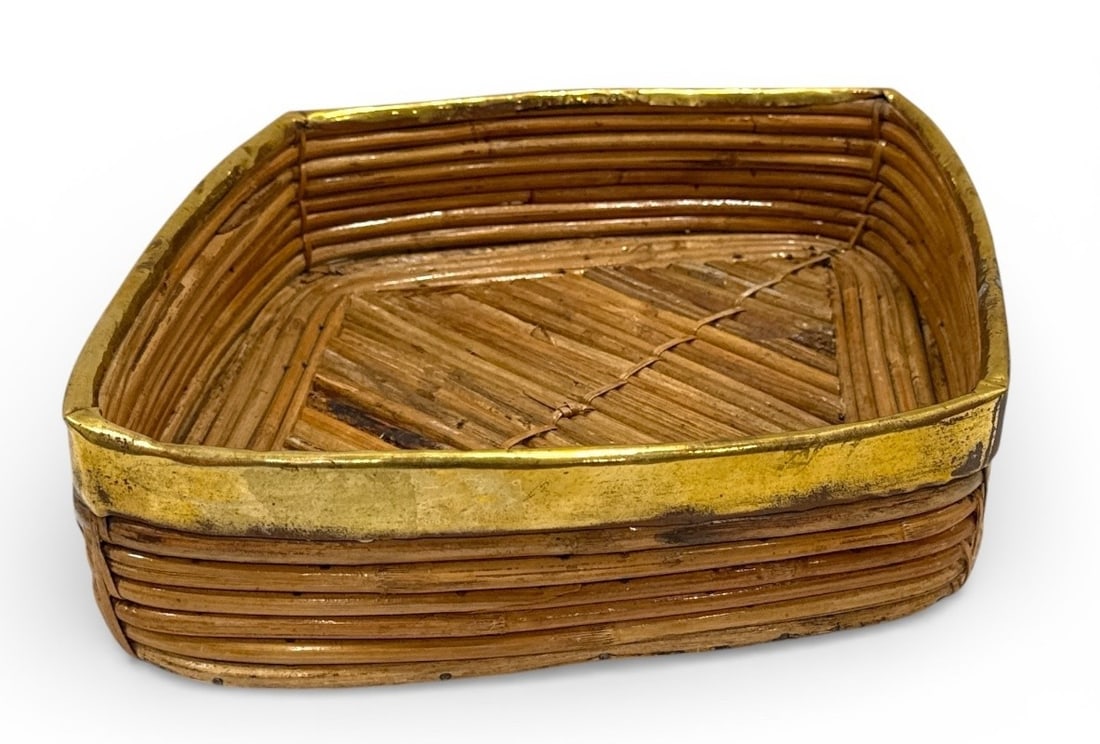 GABRIELLA CRESPI Style Brass & Bamboo Serving Tray: 3" H x 13" W x 13.5" D.