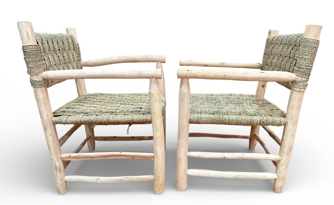 Rustic Modern Pine & Rush Armchairs, Pair - 3