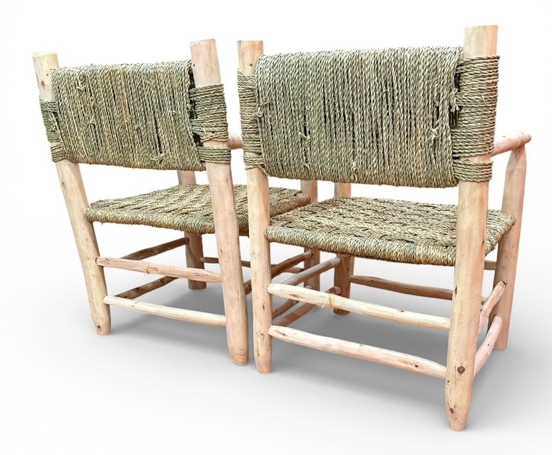 Rustic Modern Pine & Rush Armchairs, Pair - 4