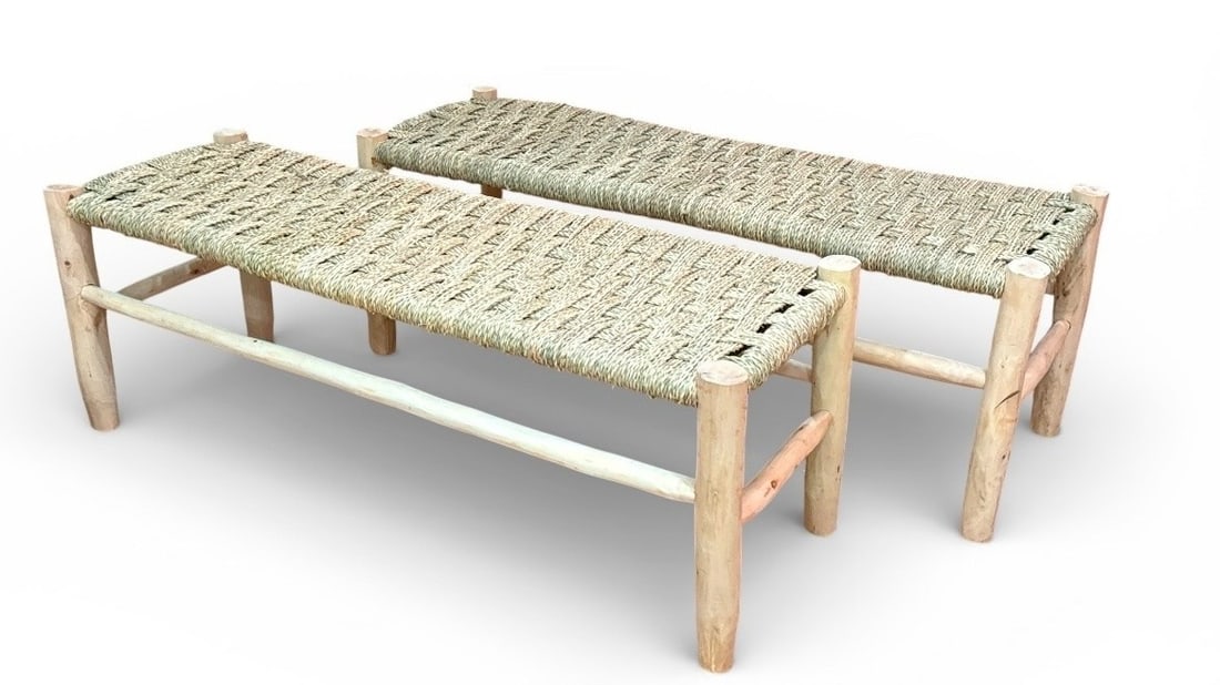 Rustic Modern Pine & Rush Benches, Pair - 2