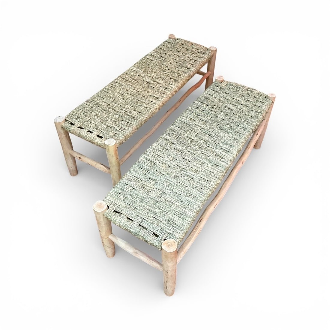 Rustic Modern Pine & Rush Benches, Pair - 4