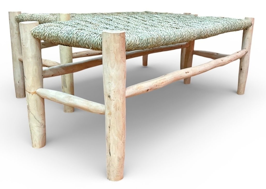 Rustic Modern Pine & Rush Benches, Pair - 5