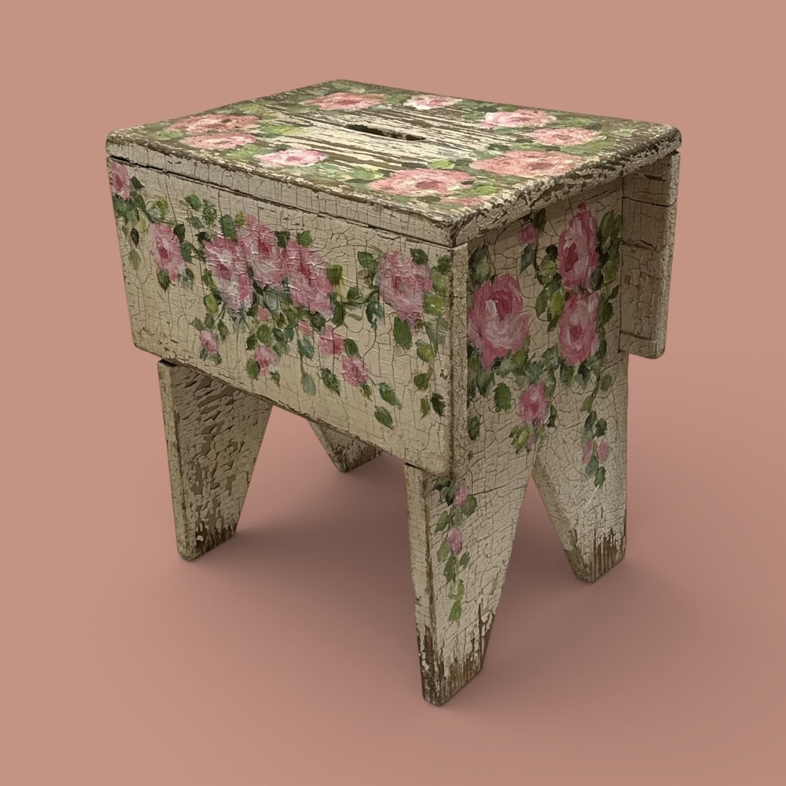 Hand Painted Rose Flower Garden Stool: 17.5" H x 16" W x 11.5" D.