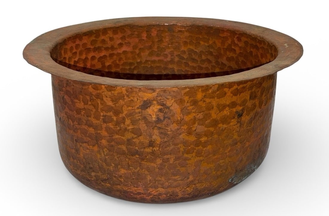 Antique Copper Garden Planter: 8" H x 16.5" diameter x 13.5" internal diameter.