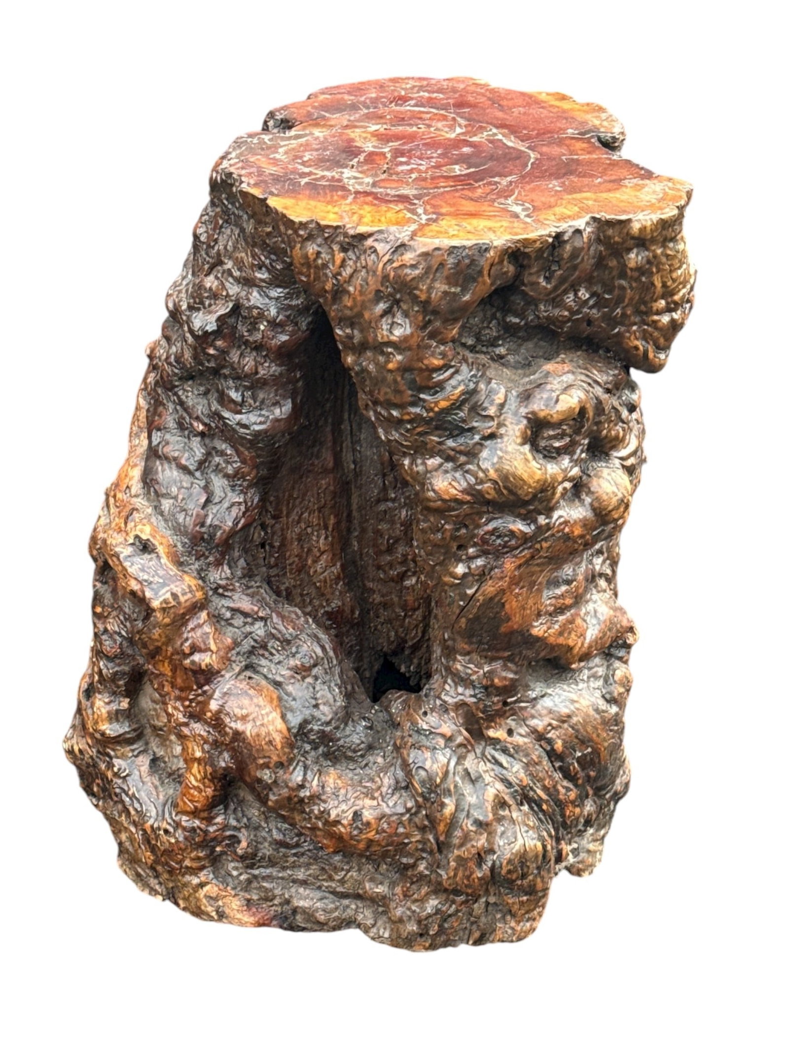 Exceptional Mid Century Burlwood Live Edge Stool: 18" H x 13" W x 12" D.