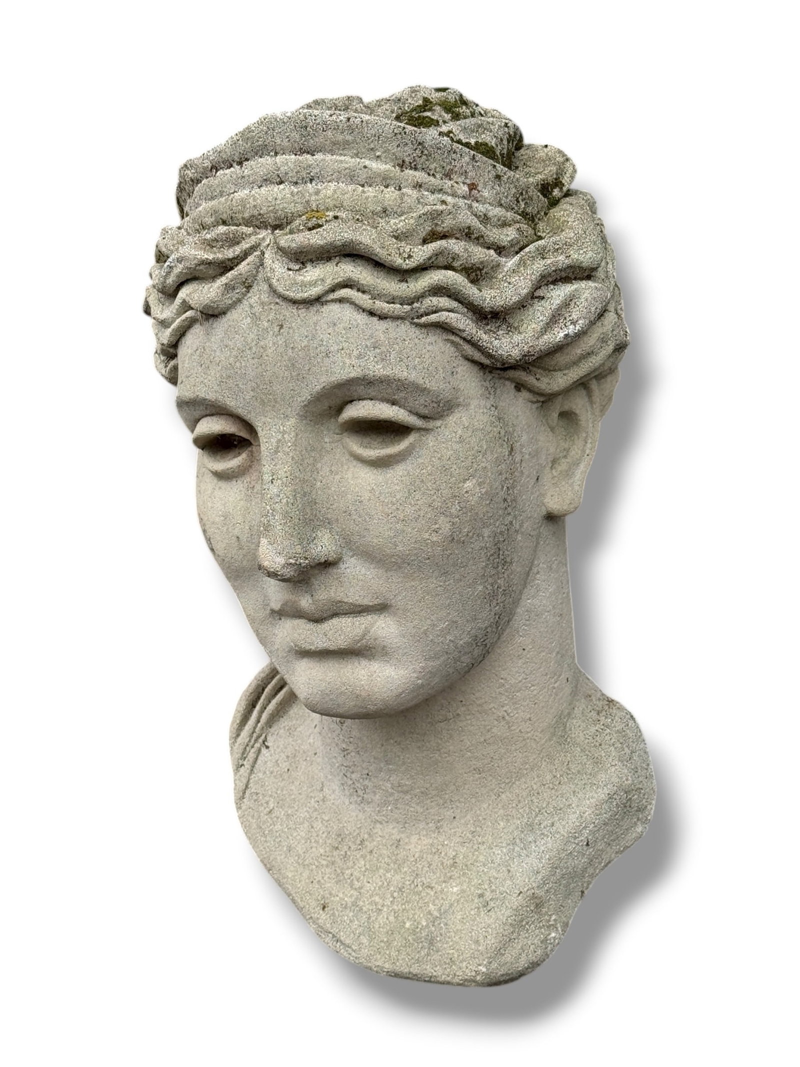 Substantial Garden Bust of Greek Goddess Artemis: 21" H x 15.5" D x 11" W.
