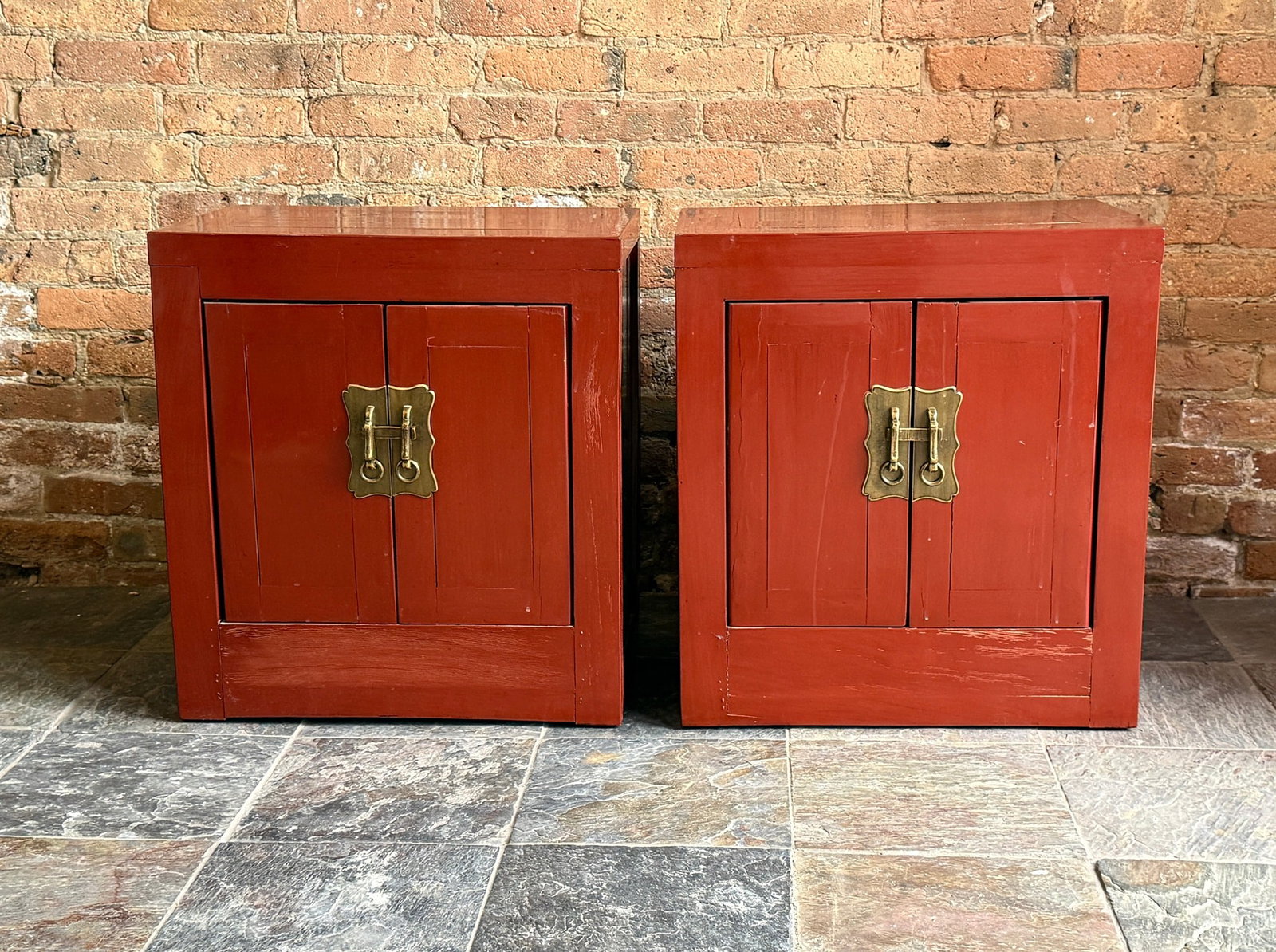 Oriental Red Lacquer Nightstands, Pair - 2