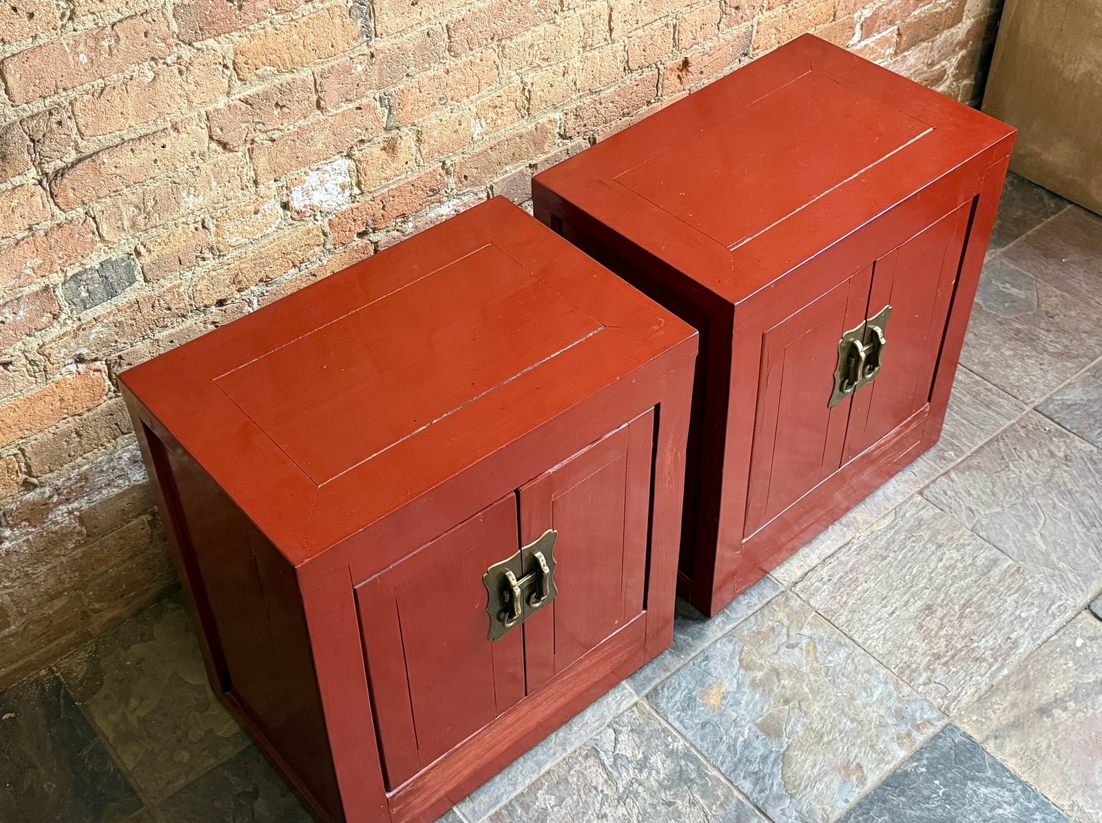 Oriental Red Lacquer Nightstands, Pair - 3