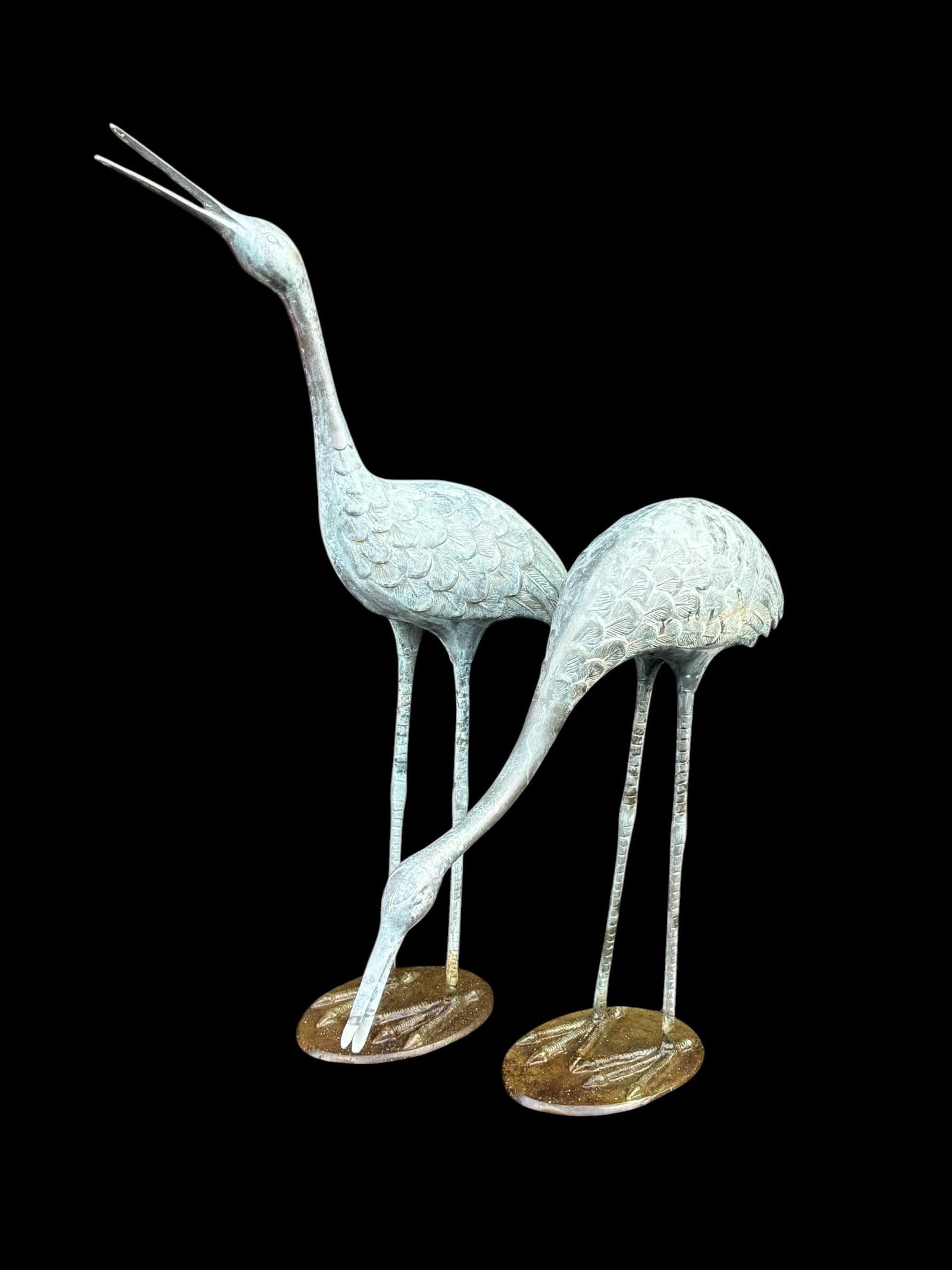 Vintage Bronze Crane Garden Statues, Set of 2: Tallest measures 38" H x 24" W x 7" D.