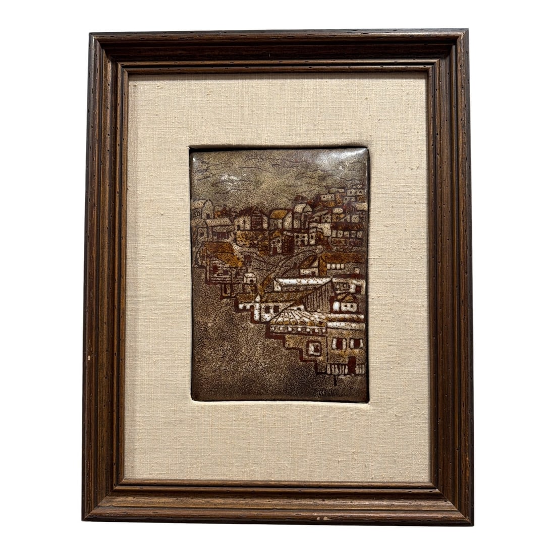 Mid Century Framed Tile Artwork: Measures 18.5" H x 14.5" W in the frame, tile measures approx. 10" H x 7" W.