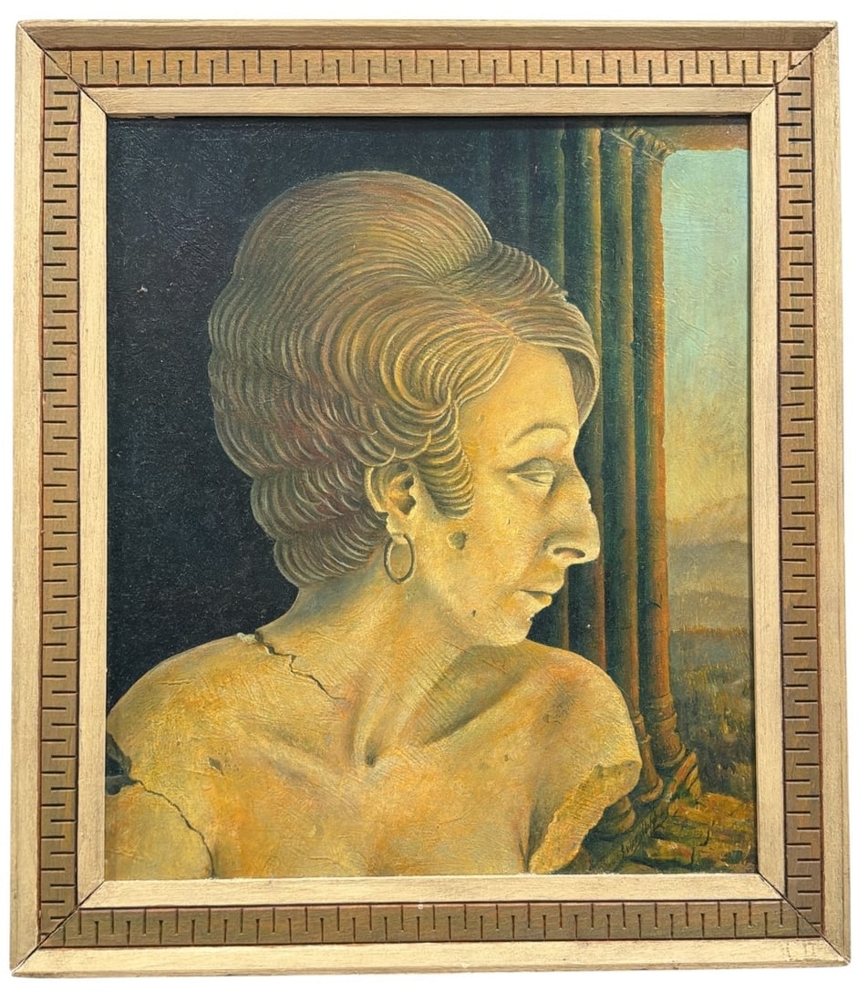 Mid Century Bust Painting of a Woman: Oil on Board. Titled "Anastasia". Measures 16.75" H x 14.5" W in the frame. Incredible greek key frame detail.
